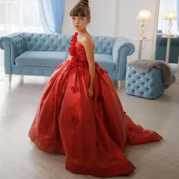 Bling Red Flower Girl Kleitas, Kāzu Viena Pleca, 3D Ziedi mazie Bērni Gājienā Kleitas Līnijas Vestidos De Desfile