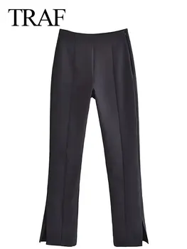 TRAF Sieviešu Modes Sānu Spraugas Rāvējslēdzēju Nieru Slim Bikses Elegantu Augstu Vidukļa Gadījuma Sieviešu Vintage Melnas Bikses Streetwear