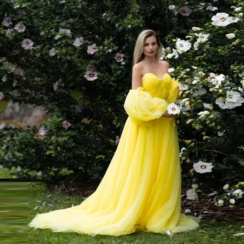 vestido de fiesta Papildu Sulīgs Dzeltena Sievietes Puses Kleitas Fotogrāfija Mīļotā Pielāgotus, Balles Kleitas ar Piedurknēm
