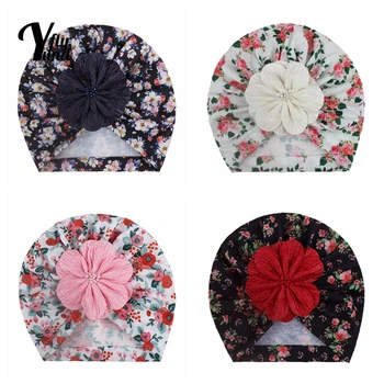 Yundfly 19*18 CM Vintage Floral Pattern Bērnu Turban Cepuru Modes Mākslīgie Ziedi Jaundzimušo Caps Drukāt Cepures Matu Aksesuāri